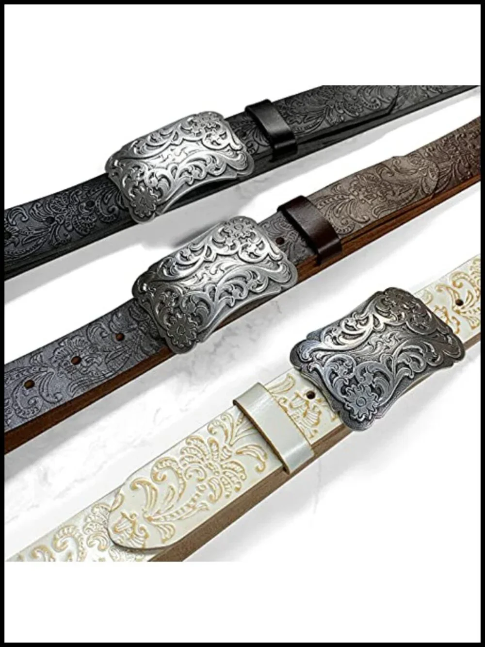 Genuine Leather Belt 1.5 Inch Wide Floral Engraved Buckle Western Style